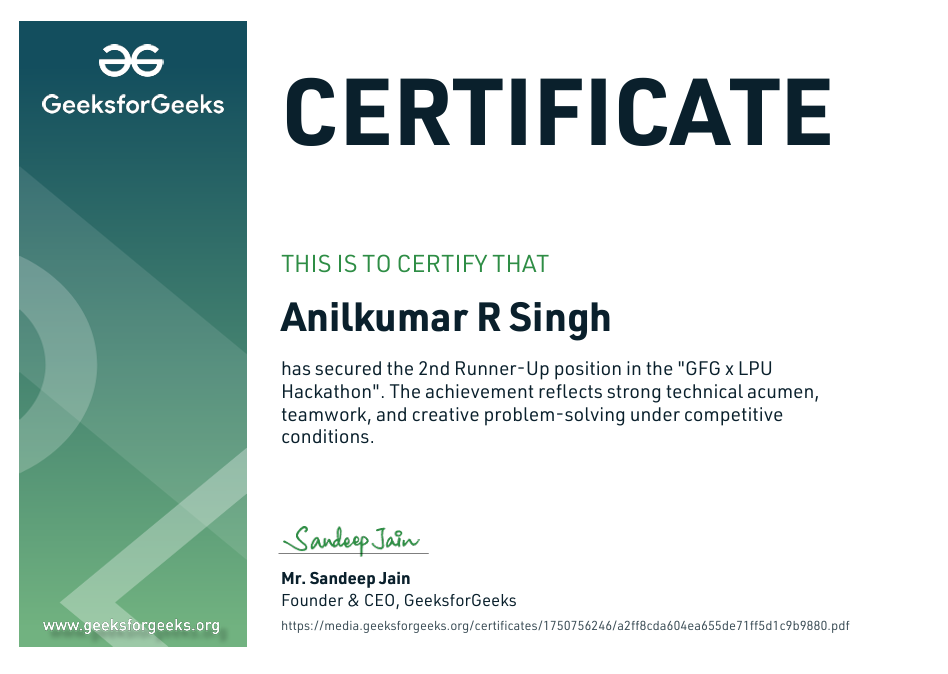 GFG x LPU Hackathon 2nd Runner-up